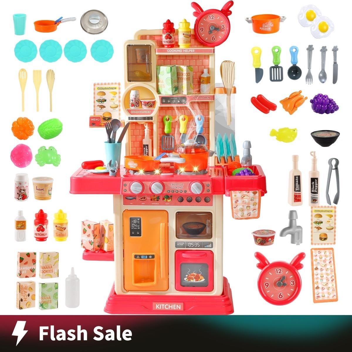 Kids Pretend Play Kitchen Set 45PCS – Cooking Toy with Steam Effect, Lights & Sounds, Play Sink, Interactive Role Play Playset, Montessori STEM Educational Toy, Screen-Free Imagination Play for Toddlers Boys Girls Indoor Fun