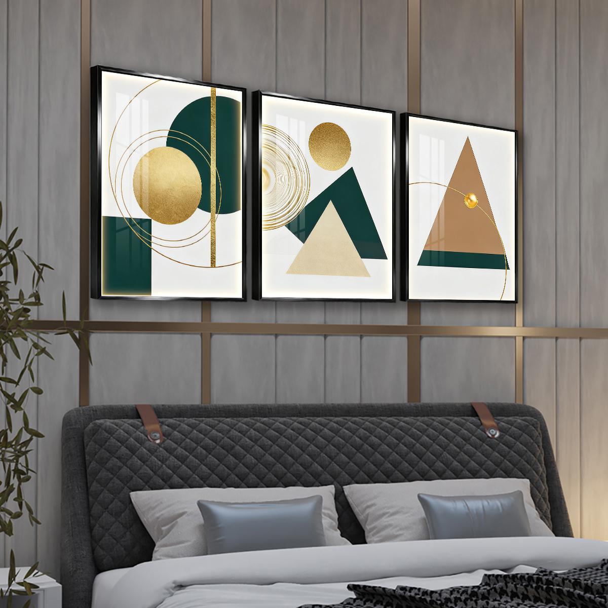 3 Counts Aluminum Alloy Framed Painting, Geometric Gold And Green Abstract Shapes Pictures, Home Decoration For Living Room, Bedroom, Office, Restaurant, Hallway Wall Decor, Odorless Print Artwork, Luxury Perfect Gift For Friends And Family