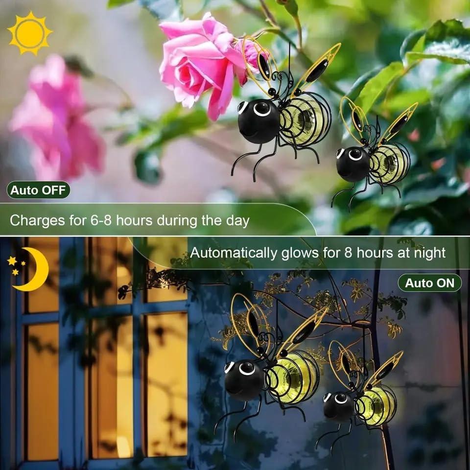 2-Pack Bee Door Hanger Decor, Outdoor Waterproof Metal LED Garden Light, Solar Powered, Spring Decoration, Porch, Yard, Gift