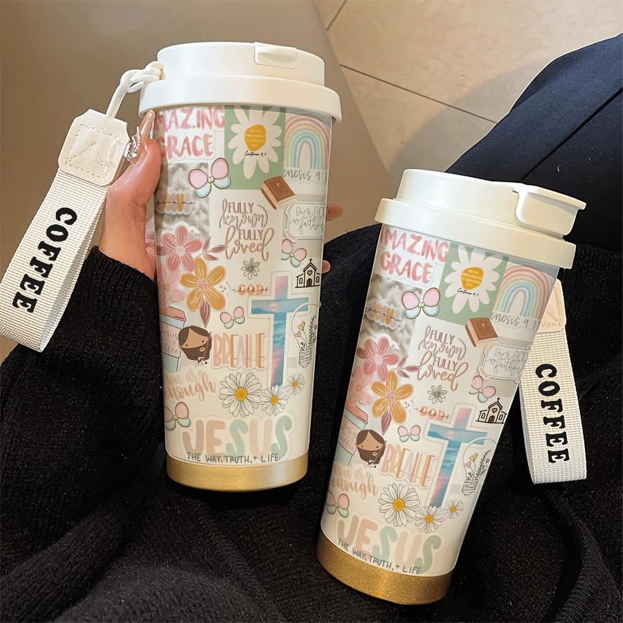Premium Religious Double Wall Insulated Coffee Cup, 530ML Stainless Steel Vacuum Travel Mug with Straw and Lid, Ideal for Hot/cold Drinks, Flasks