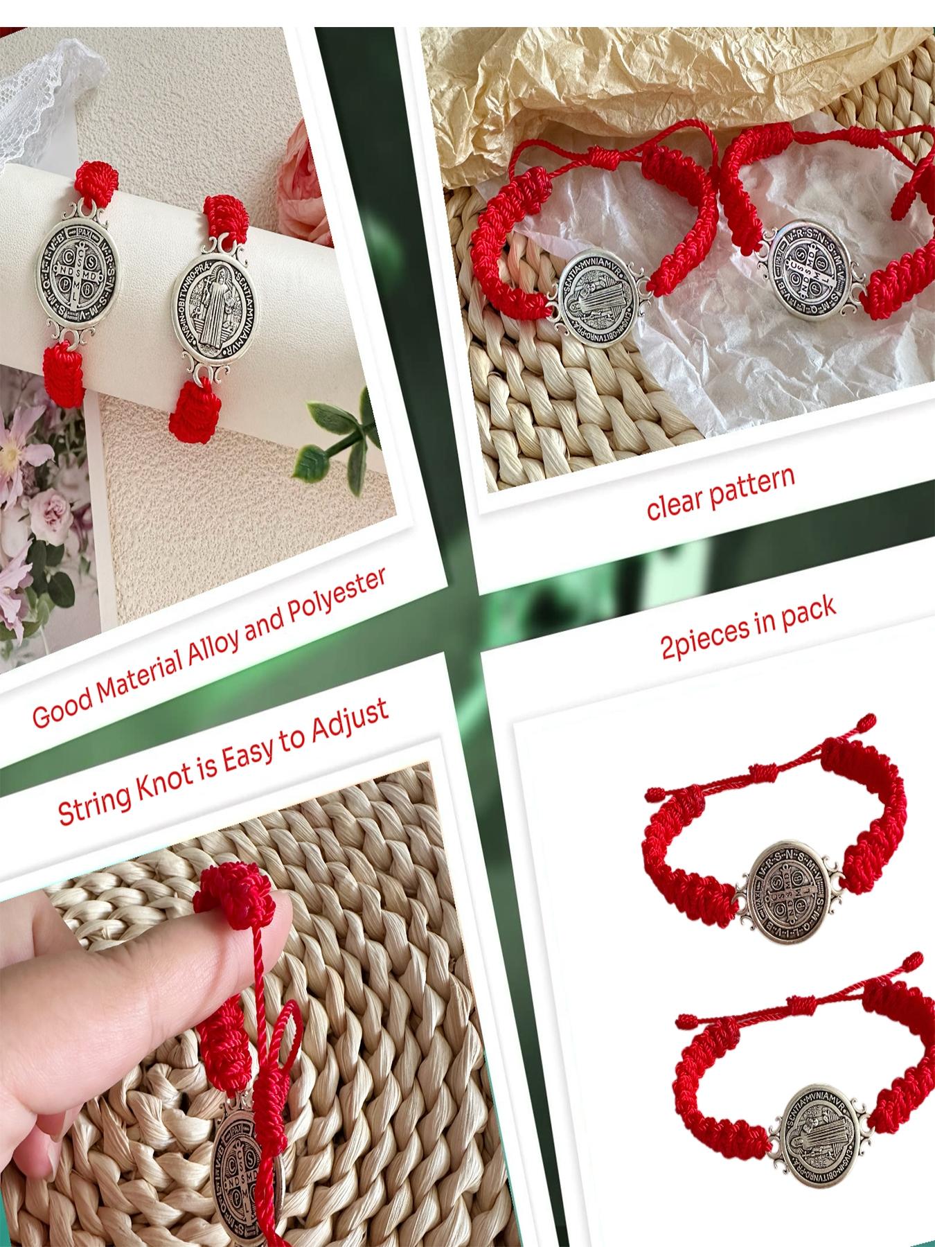 2 Pcs Red St. Benedict Bracelets with Cross Charm and Black Adjustable Cord, Saint Benedict Medal, Catholic Religious Symbolism Jewelry Gift for Men and Women, Religious Wristband, Prayer Bracelet