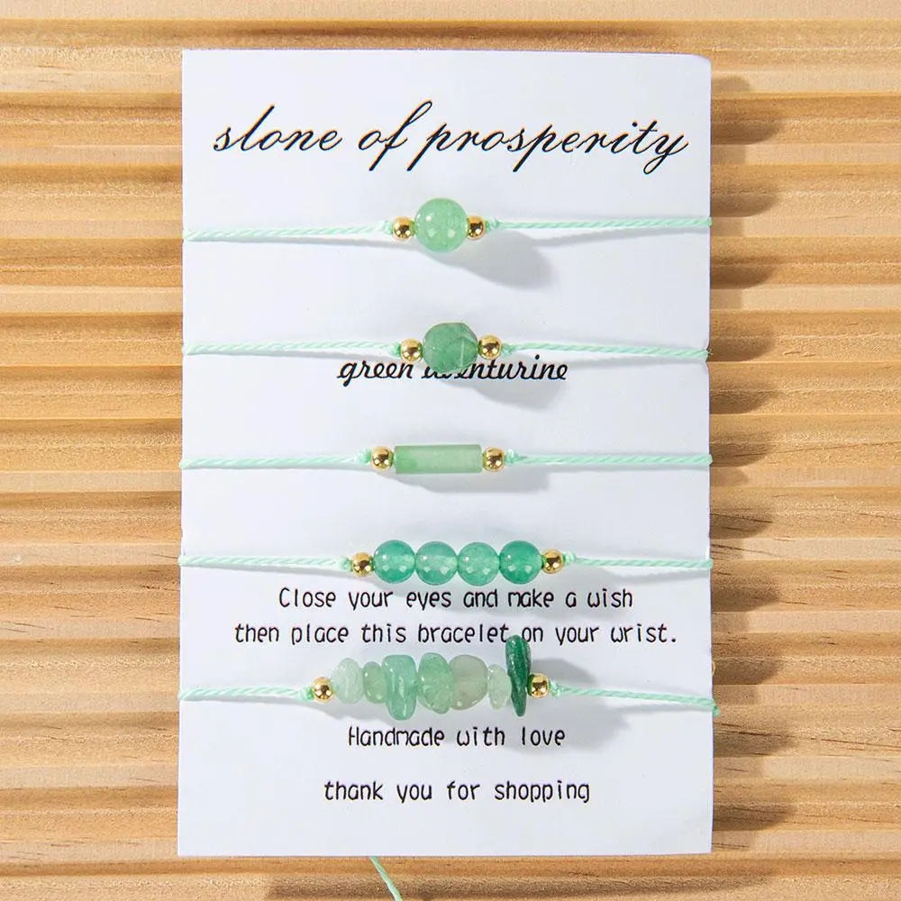 5-Piece Green Stone Bracelet Set for Women, Handmade Adjustable Prosperity Wish Braided Bands, Valentine's Day Jewelry Gift