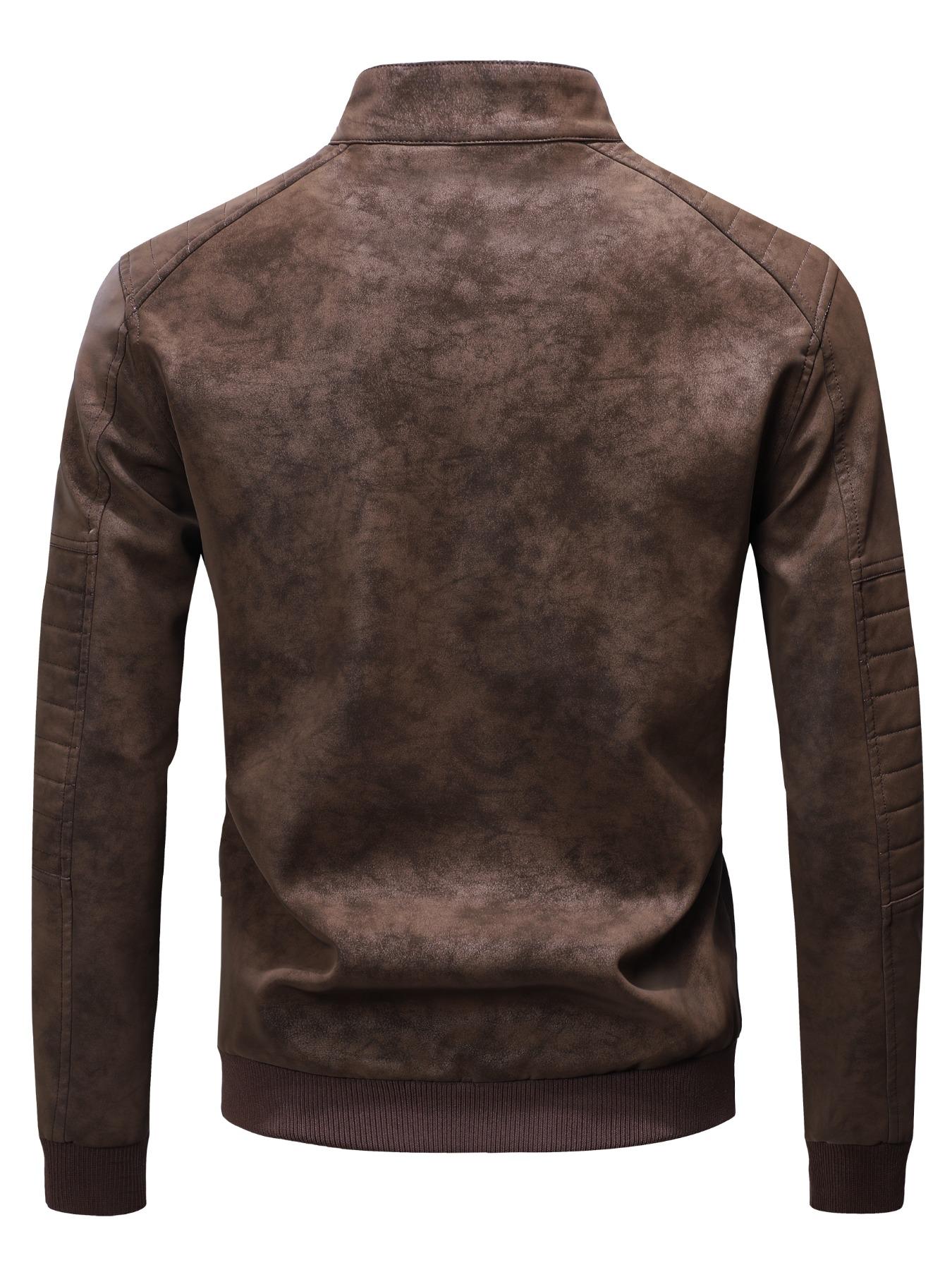 Men's PU Leather Jacket, Stand Collar Slim Fit Outdoor Windproof Coat, Artificial Leather Outerwear, Casual Fashion Jacket, Casual Athletic Jacket