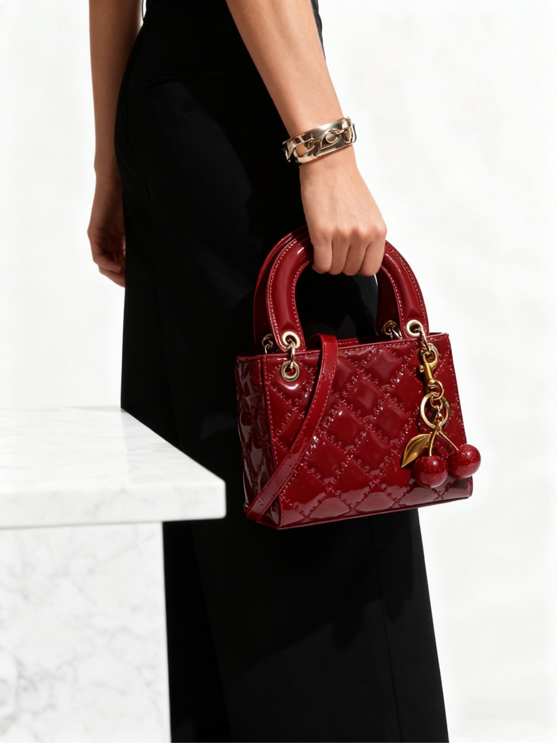 Checkered Bag with Cherry Charm, Fashionable Versatile Handbag, Casual Shoulder Crossbody Bag, Women's Stylish Tote, Convertible Shoulder Bags