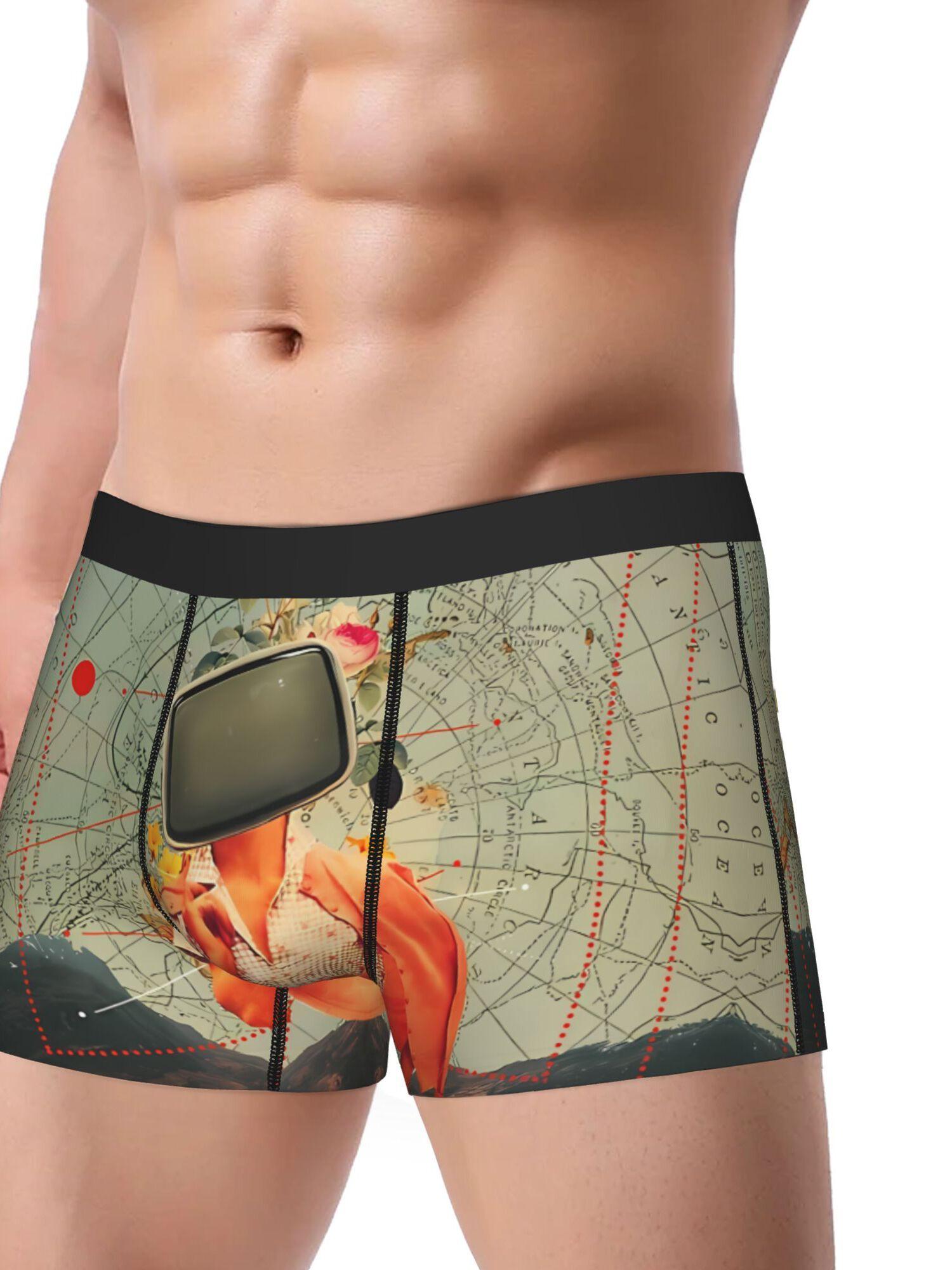 BIIHUDU Men'S Antarctic Broadcast Boxer Briefs - Stretchy Polyester Underwear with Satellite Dish & Floral Print, Comfort Fit