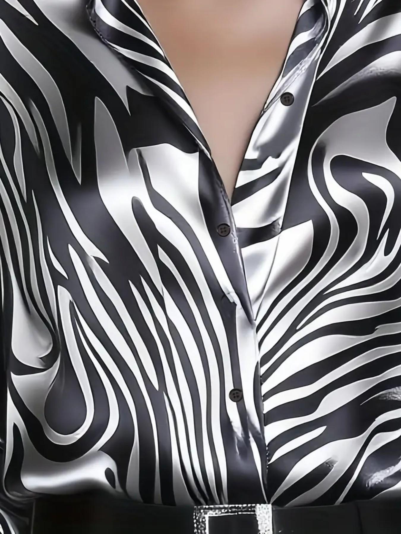 Elegant Satin Zebra Print Fitted Long Sleeve Blouse Shirts for Women, Spring & Fall Fashion, Stylish Ladies' Top, Comfortable and Chic Design