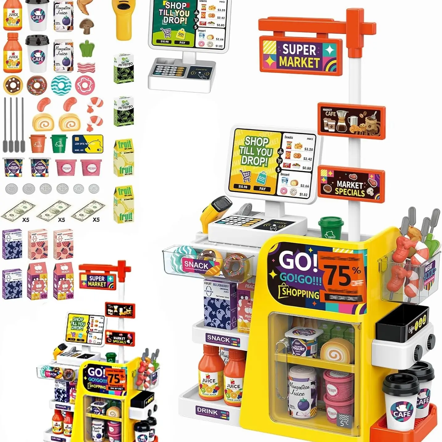Role Play Supermarket Toy Set, Includes Cash Register, Scanner, Coffee Machine, Shopping Cart, Sound Light Interactive, Educational Gift for Kids Aged 3+