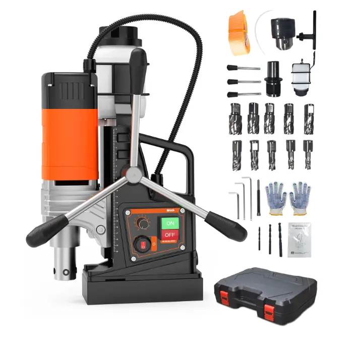 Magnetic Drill, 1750W 2" Boring Diameter, 2922Lbf Power Portable Magnetic, 810 PRM, 10-Speed，with 10Pcs Drill Bits 3Pcs Twist Drill and 1Pcs Plastic Box for Metal Surface, Industrial