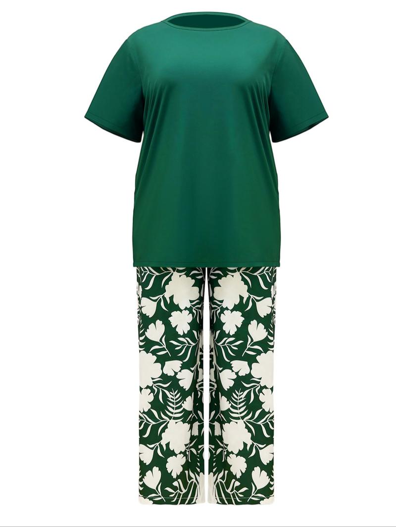 Women's Spring Summer Round Neck Loose Fit Top and Printed Long Pants Casual Set, Comfortable and Stylish for Daily Wear