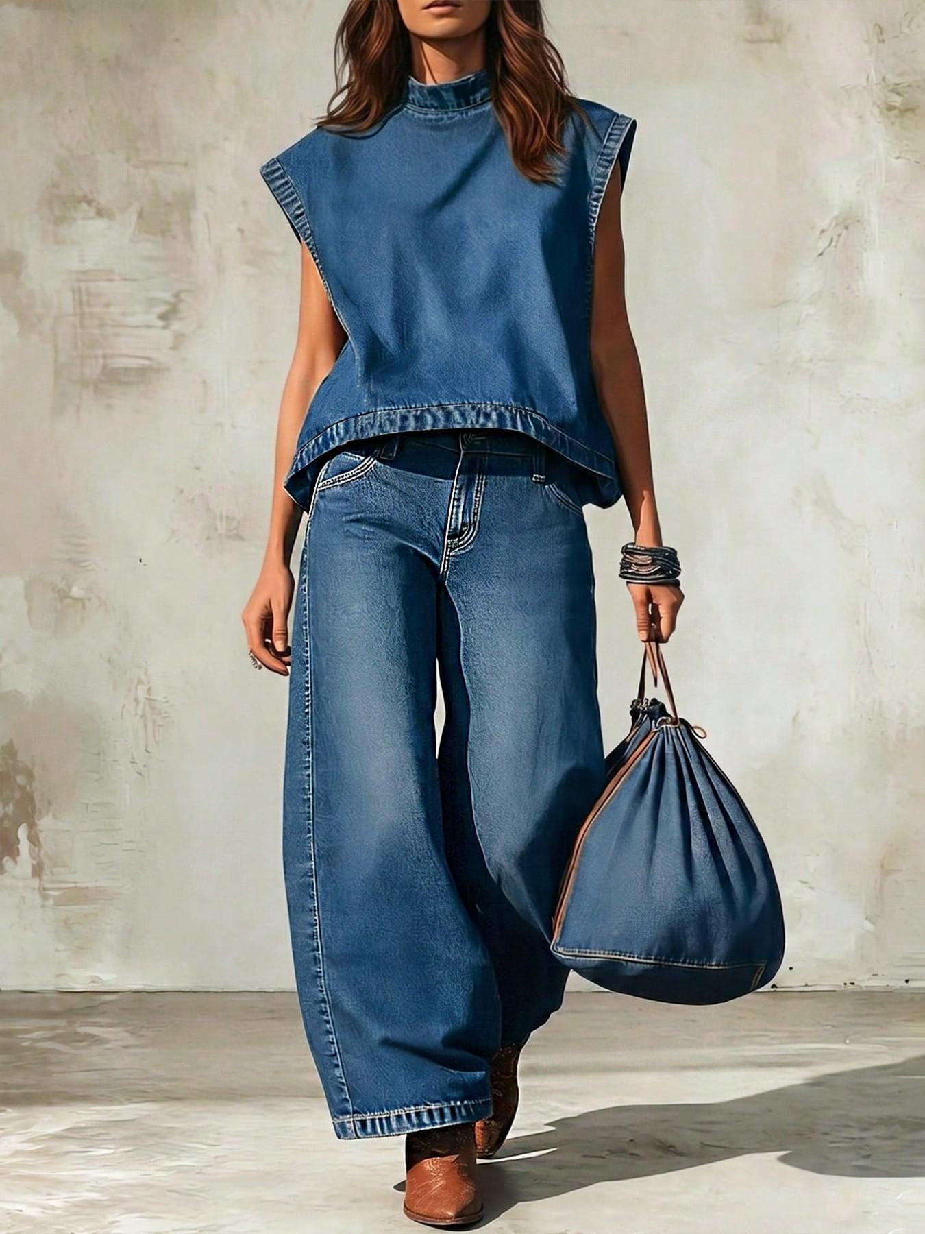 Women's Stand Collar Sleeveless Loose Fit Denim Top, Perfect for Summer Daily Wear, Casual Fashion Shirt