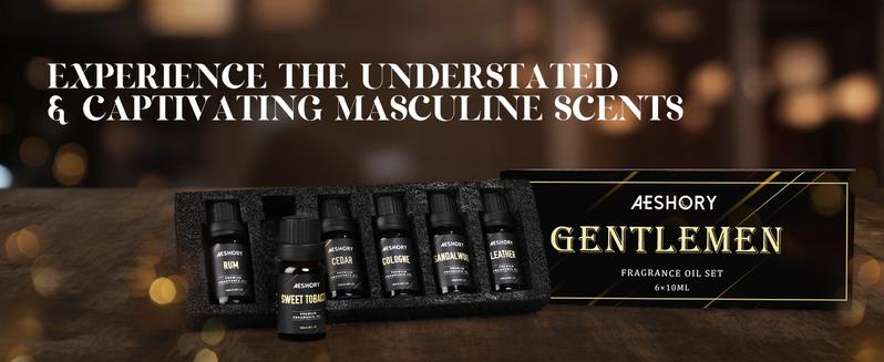Gentlemen's Essential Oils Set - 6x10ML Mens Fragrance Oil for Candle Making, Diffuser - Sandalwood, Cedar, Leather, Bay Rum, Cologne Aromatherapy Oils for Men