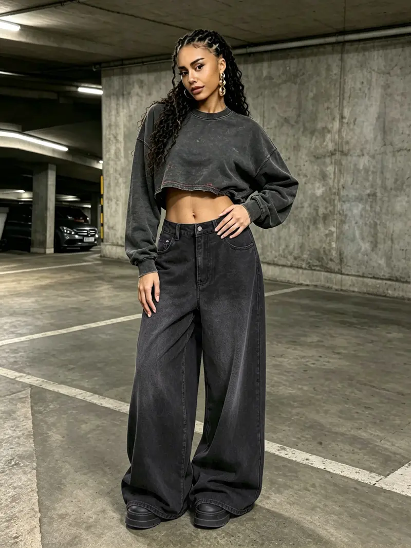 High Waist Black Washed Baggy Wide Leg Oversized Jeans for Women, Red Tribal Cross Embroidery Loose Fit Urban Hip Hop Denim Pants, Trendy Streetwear Trousers for US & Latin Girls Daily Casual Outfits