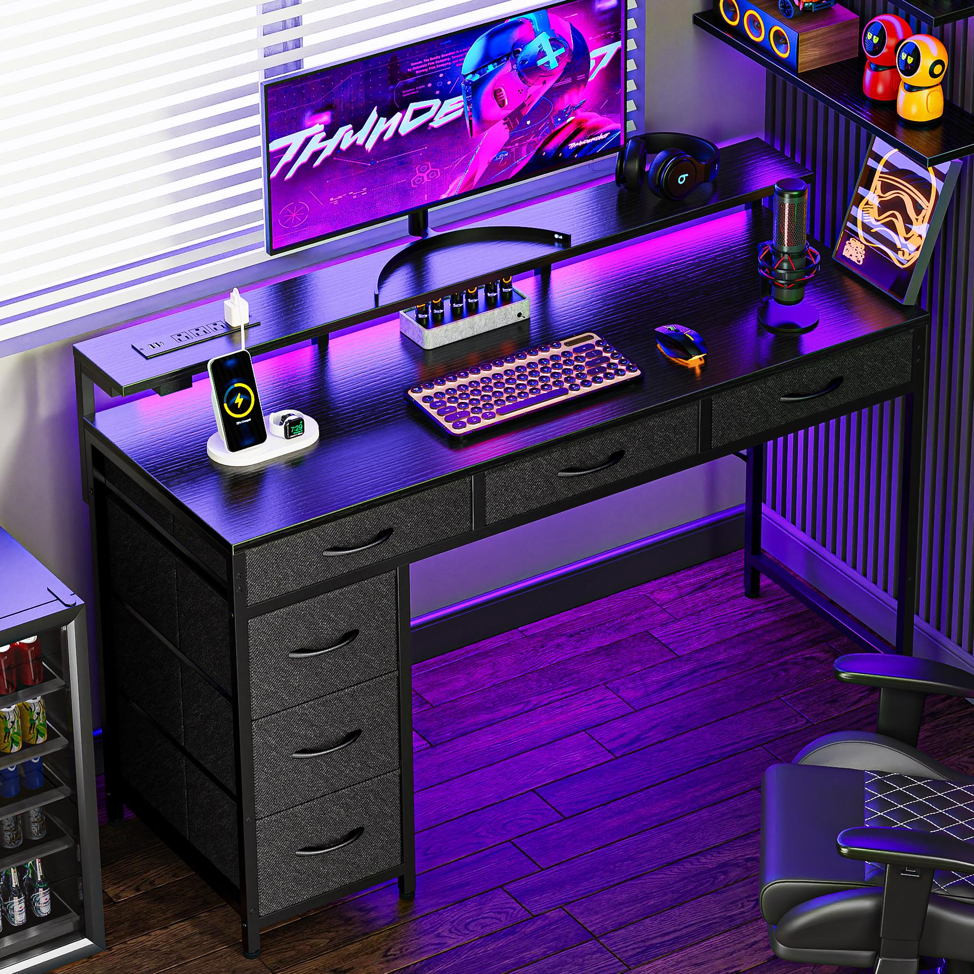 Huuger Computer Desk with Power Outlets and LED Lights, Gaming Desk with 4 Drawers, Office Desk with Monitor Stand, USB-C Port Huuger Computer Desk with Power Outlets and LED Lights, Gaming Desk with 4 Drawers, Office Desk with Monitor Stand, USB-C Port