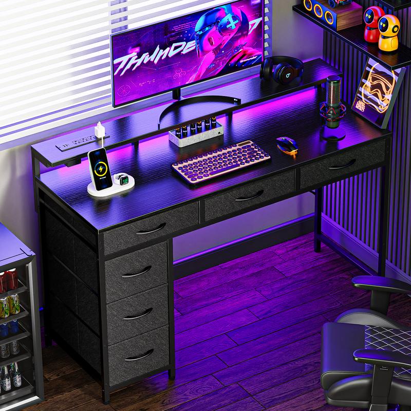 Huuger Computer Desk with Power Outlets and LED Lights, Gaming Desk with 4 Drawers, Office Desk with Monitor Stand, USB-C Port