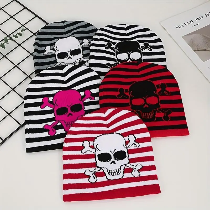 Unisex Acrylic Knitted Hat - Skull Print, Skeleton Print, Skull-Shaped, Soft Hip Hop Punk Design, Lightweight Warm Winter Beanie with Elastic Band, 4 Color Options for Outdoor Streetwear & Casual Outfits, Skeleton Print Hats
