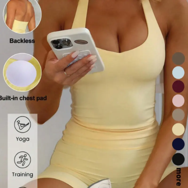 【Black Friday】Sexy Seamless Two-Piece Set for Women, Tight-Fitting Backless Halter Top and Shorts, Comfortable Sporty Outfit for Daily Wear, Activewear for Workout, Yoga, Running and Pilates