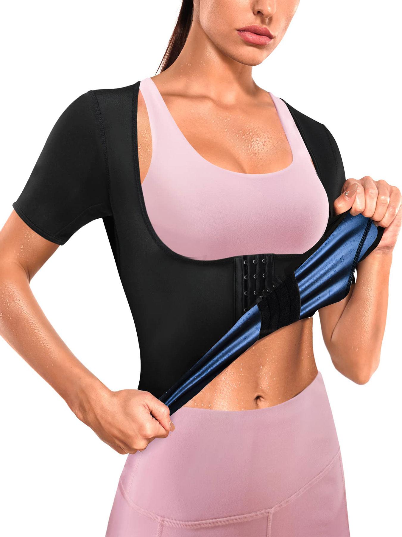 Women's Solid Adjustable Hook & Eye Closure Sauna Top, Breathable Comfortable Short Sleeve Square Neck Sports Top, Ladies Sportswear for Indoor Outdoor Wear Gym Athletic Clothes