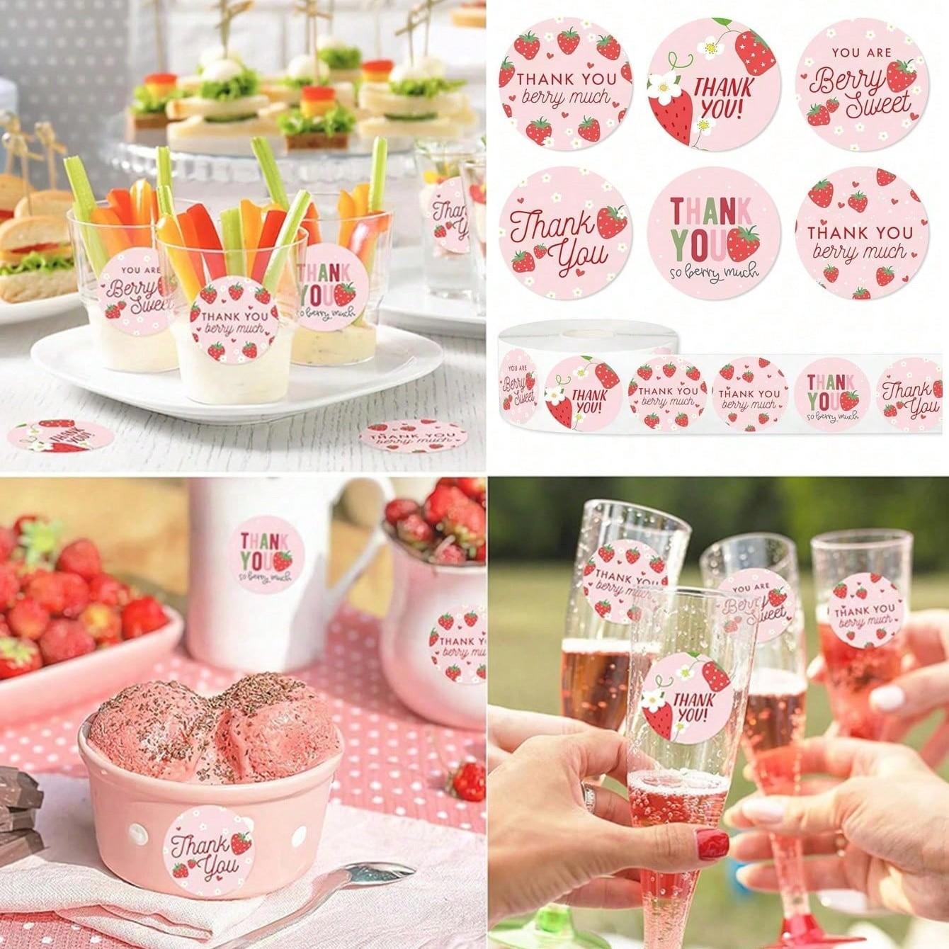 500 Sheets Strawberry Thank You Stickers, Non-Stick Seal Stickers, Fruit Decorative Stickers, Ideal for Birthday Gifts, Party Cakes, Back-To-School Season
