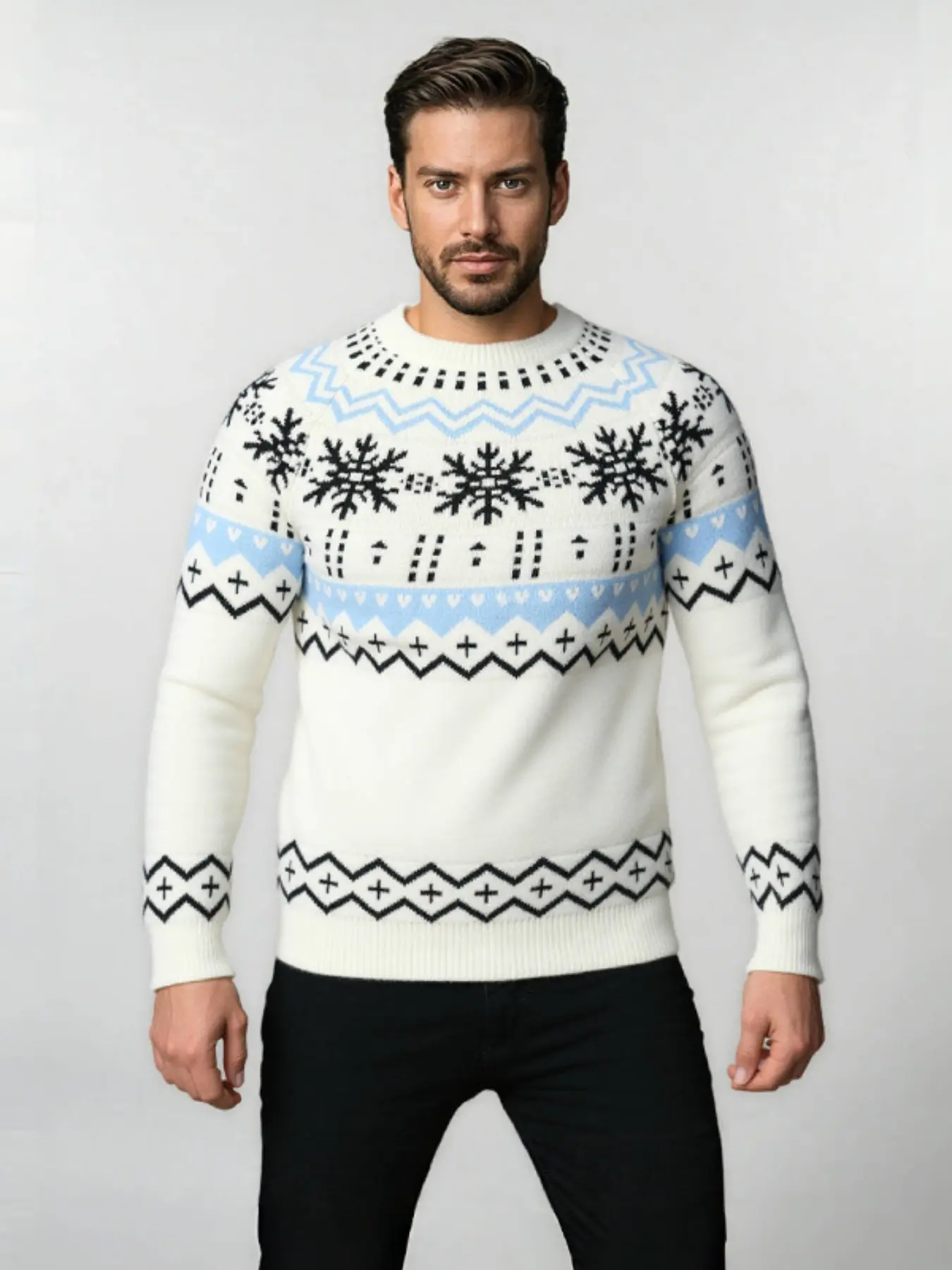 Men's Christmas Fair Isle Knit Sweater, Soft Fuzzy Round Neck Long Sleeve Pullover, Vintage Nordic Geometric Pattern, Warm Casual Winter Holiday Wear
