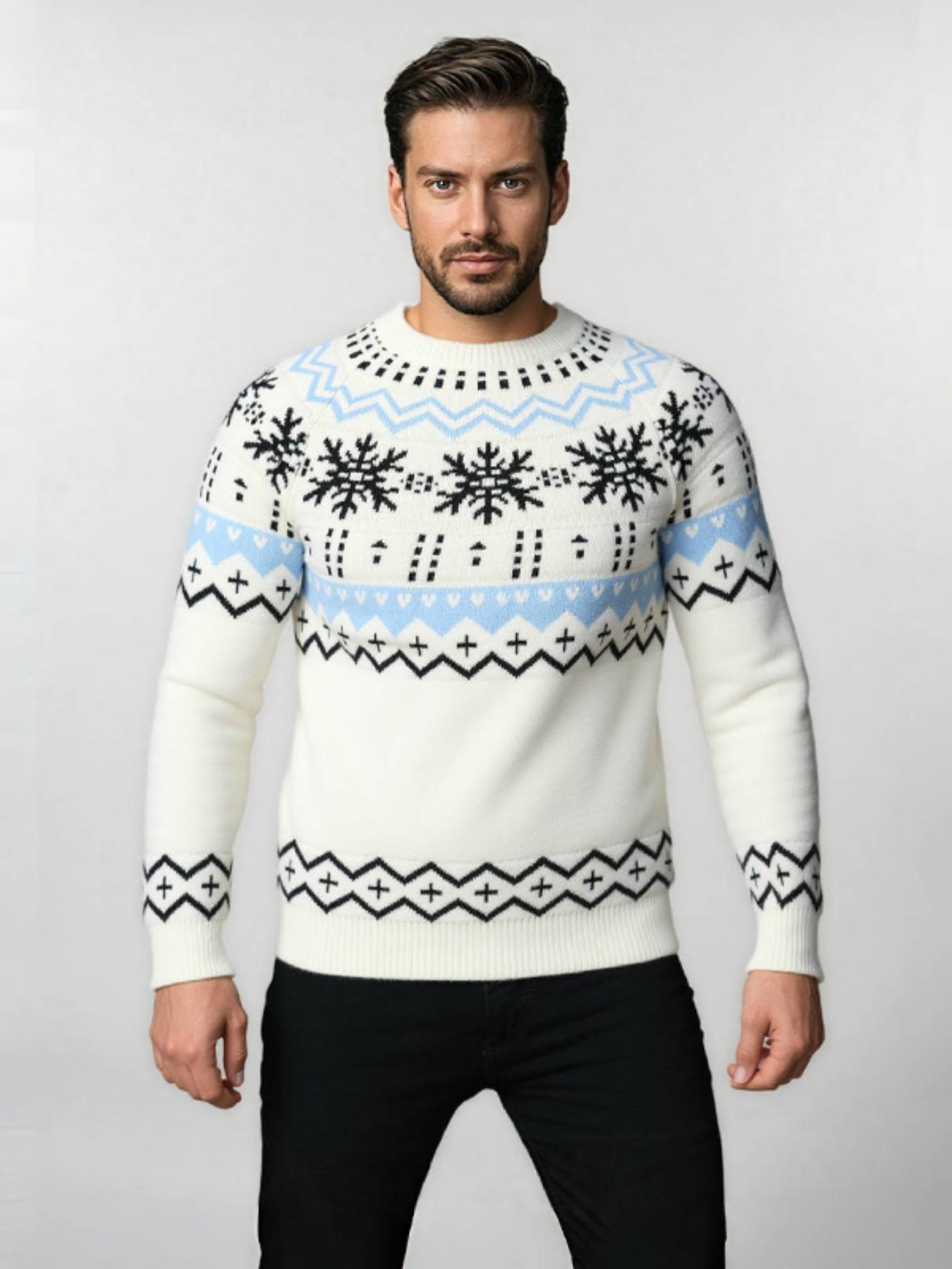 Men's Christmas Fair Isle Knit Sweater, Soft Fuzzy Round Neck Long Sleeve Pullover, Vintage Nordic Geometric Pattern, Warm Casual Winter Holiday Wear