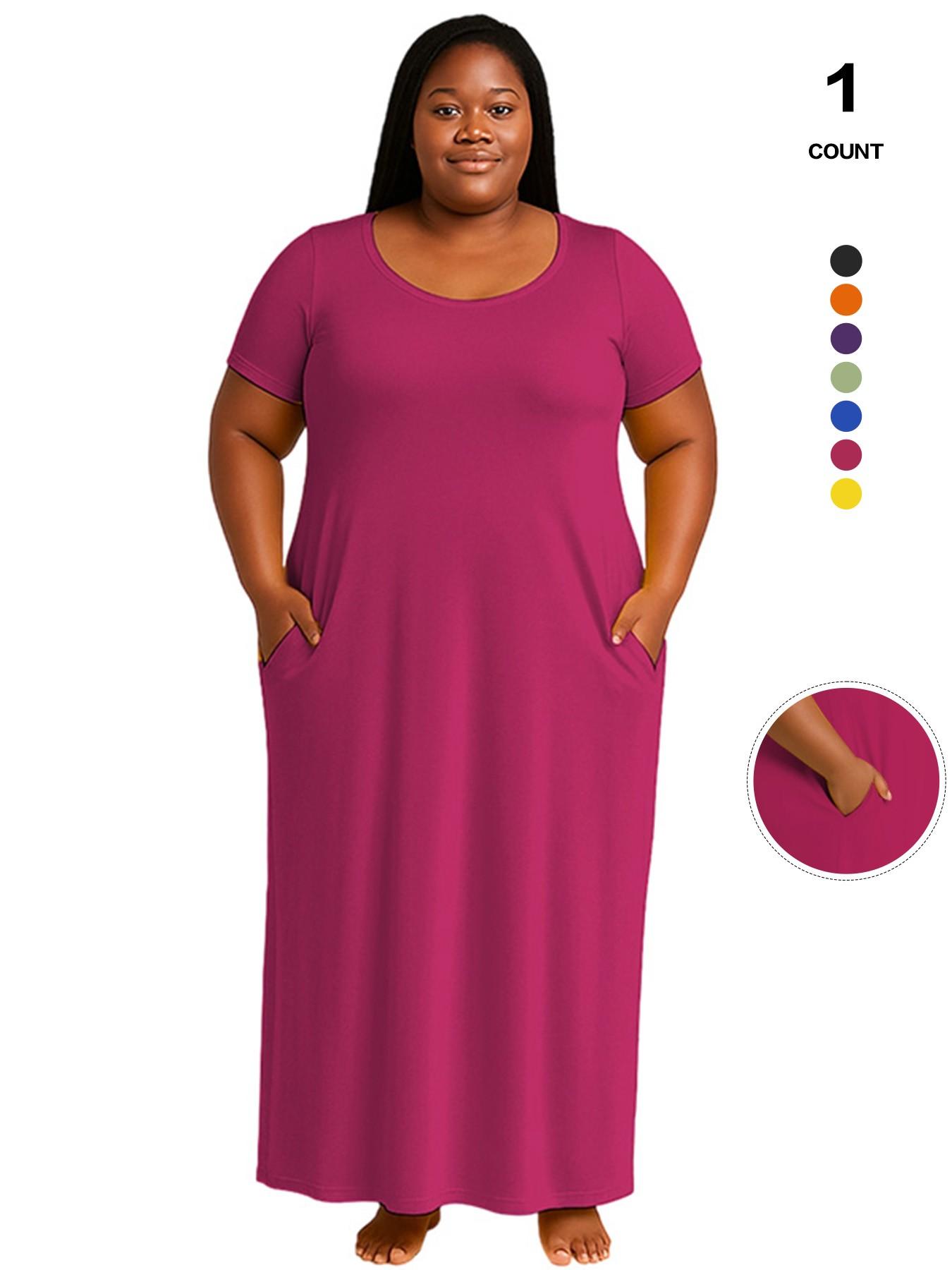 Plus Size Women's Solid Color Dress, Sexy Round Neck Short-Sleeved Long Dress, European and American Summer New Arrival, Casual Style