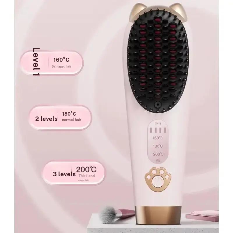 Cordless Negative Ion Hair Straightener Brush, Portable Lightweight 3 Temp Heat Straightening Comb, USB Rechargeable Cute Cat Hot Comb for Frizz-Free Styling