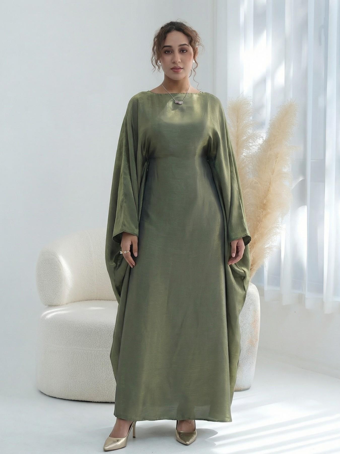Women's Solid Color Round Neck Kaftan Robe, Muslim Women's Gowns, Modest Fashion Long Sleeve Dress for Daily Wear, Women's Islamic Clothing for All Seasons