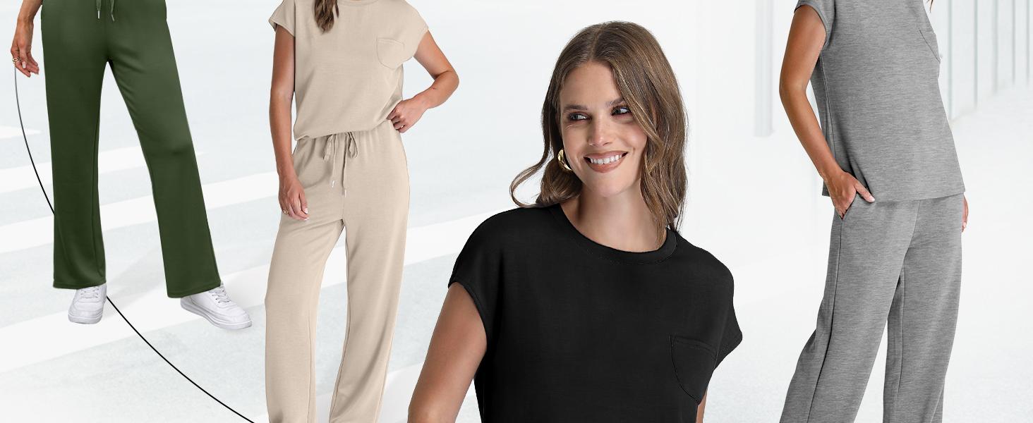 OFEEFAN 2 Piece Sets for Women Casual Summer Travel Vacation Outfits Cap Sleeve Lounge Set Chic Crewneck Soft Silky Breathable Clothes SpringStatements