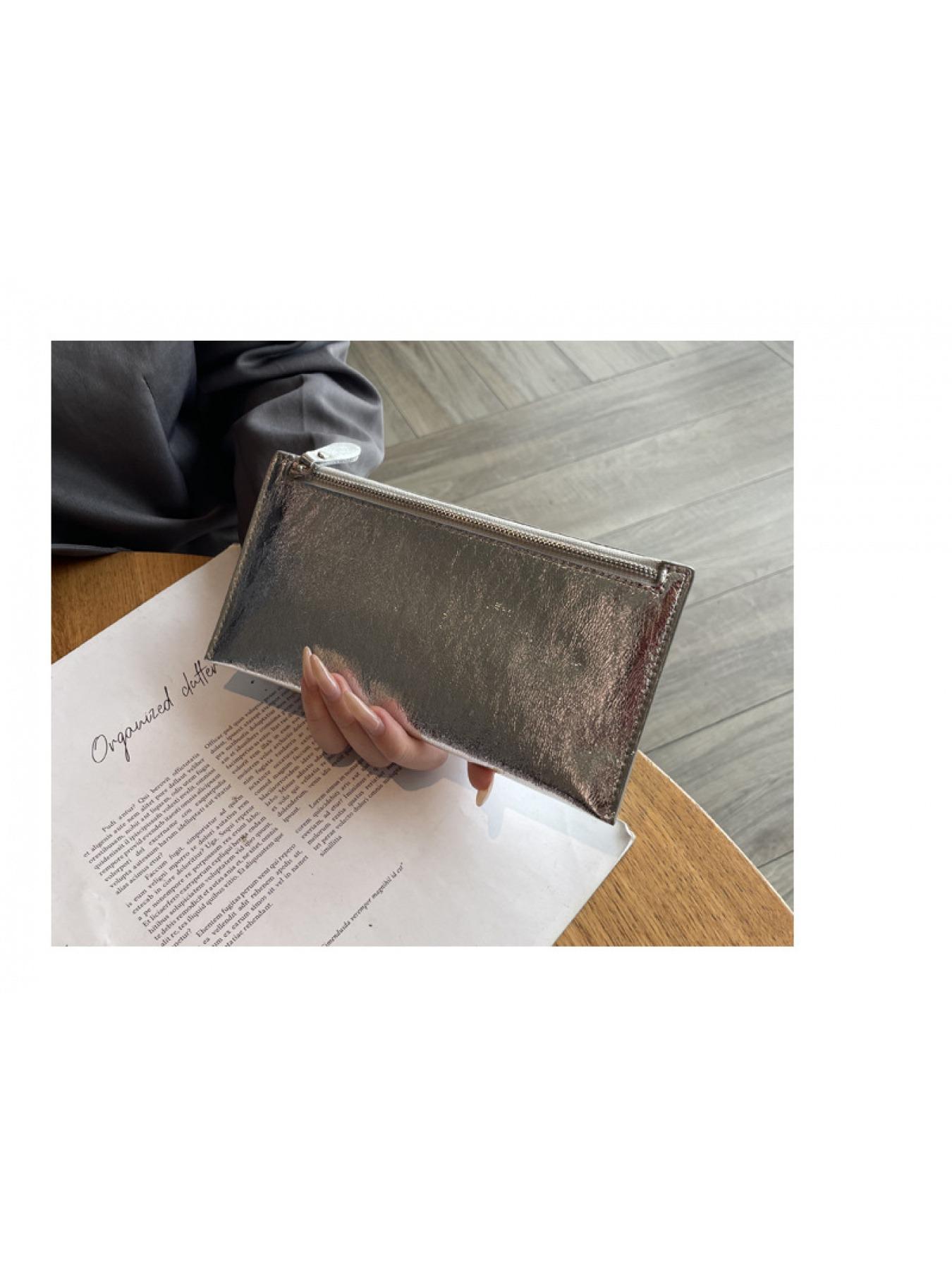 Minimalist Silver Metallic Wallet - Long Slim Zip Clutch Pouch, Versatile Daily Use Card & Coin Holder for Women