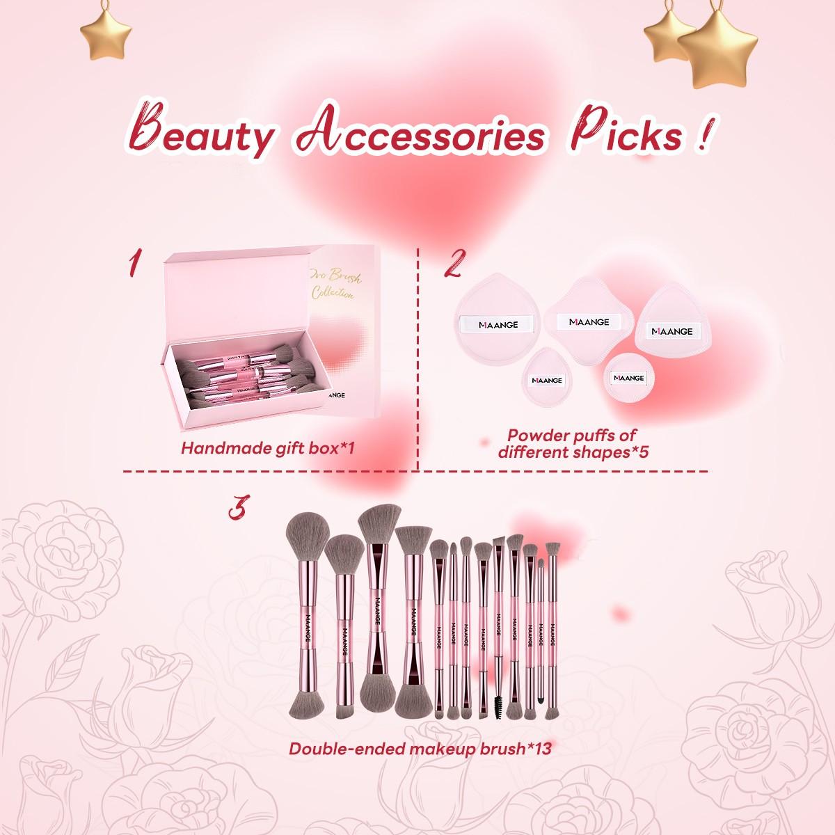Maange 13-Piece Dual-Ended Makeup Brush Set + 5 Powder Puff Accessories Gift Box, Brush Makeup Kit, Soft Cosmetic Brushes, Essential Beauty Tools, Perfect Valentine's Day Present