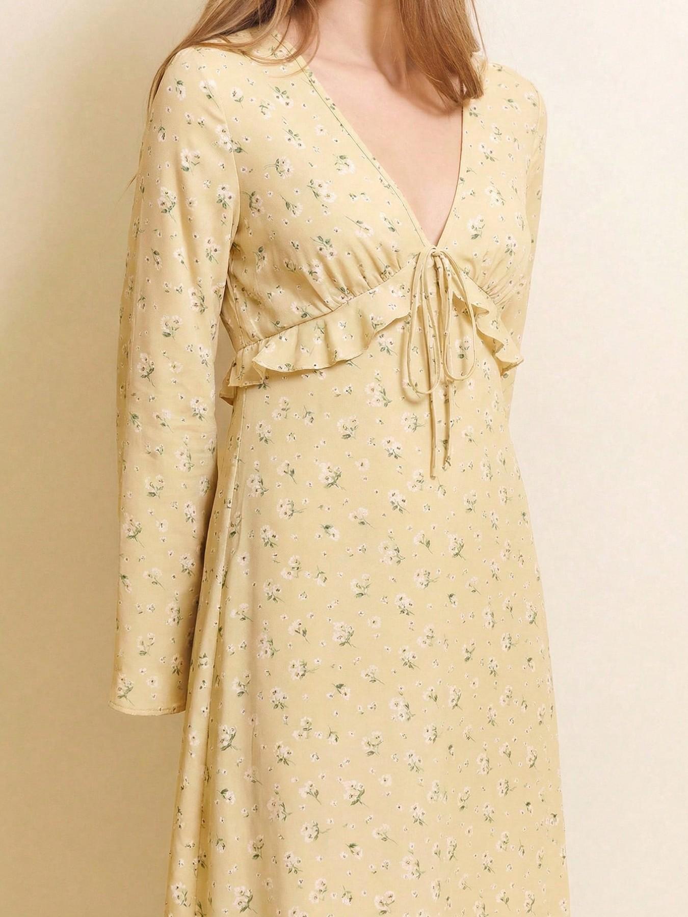 Women's Floral Print V-Neck Belted Midi Dress, Ruffle Details & Long Sleeves, Spring Vacation Dress, Ladies' Long Sleeve Dress