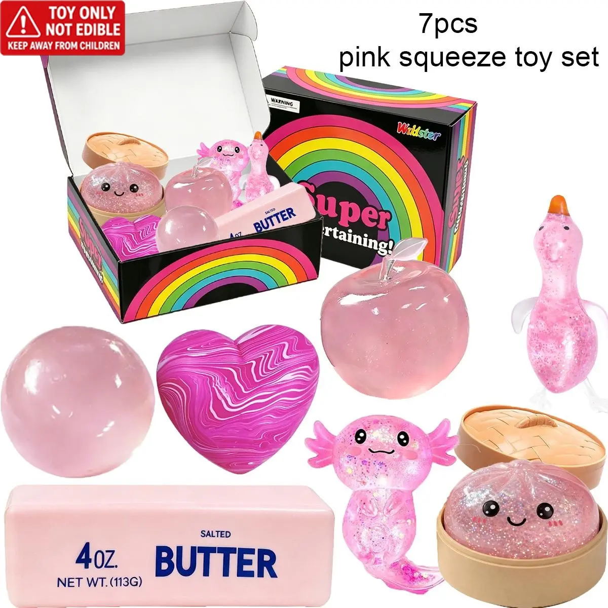 7 Pack Pink Series Glitter Squeeze Stress Relief Toys, Stress Relief Fidgets, Soft Portable Sensory Fidget Balls, Apple Round Ball Swirl Heart Butter Stick Bun Salamander Duck Squishy Toys, Ideal Birthday & Party Gifts for Kids Adults Anxiety Relief