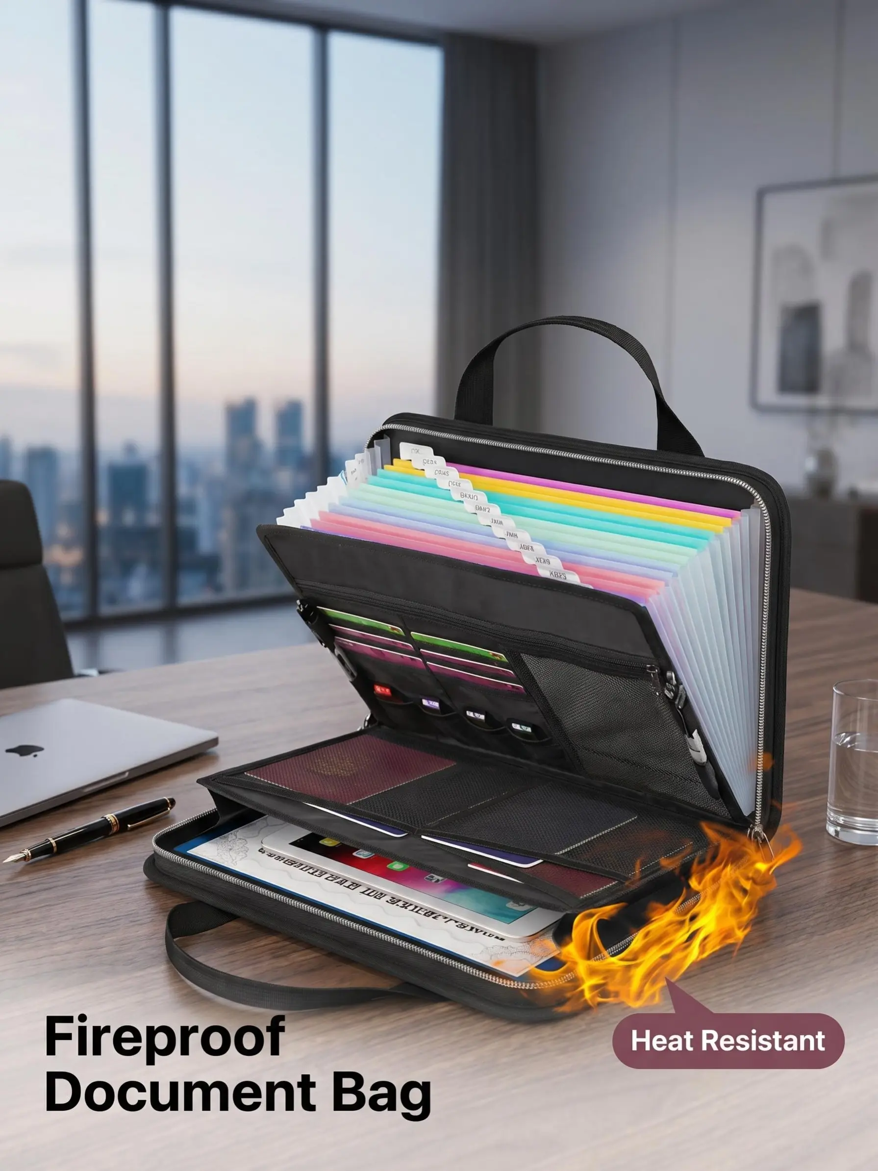 Large-Capacity Fireproof File Folder with Handle, A4Document Bag & Data Paper Organizer, Versatile Test PaperStorage for Office Stationery & Supplies, Important Document Organizer with Handle, Fireproof Accordion File Organizer with Zipper & Labels