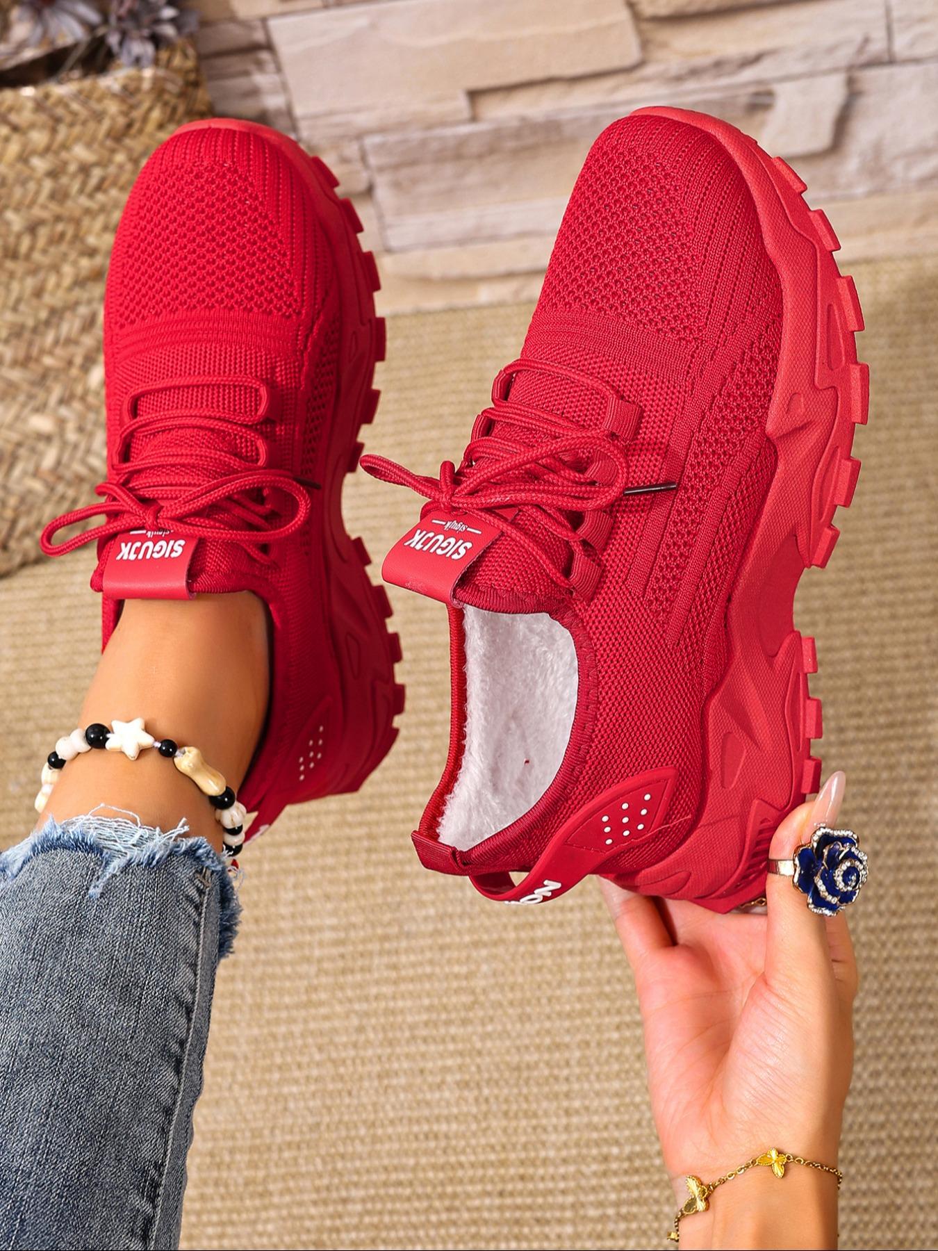 High-Quality Women's Breathable Knit Fleece Lined Sneakers, Winter Fashion Casual Lightweight Soft Sole Walking Shoes, Outdoor Comfort Low Top Running Shoes, Knitted Running Shoes