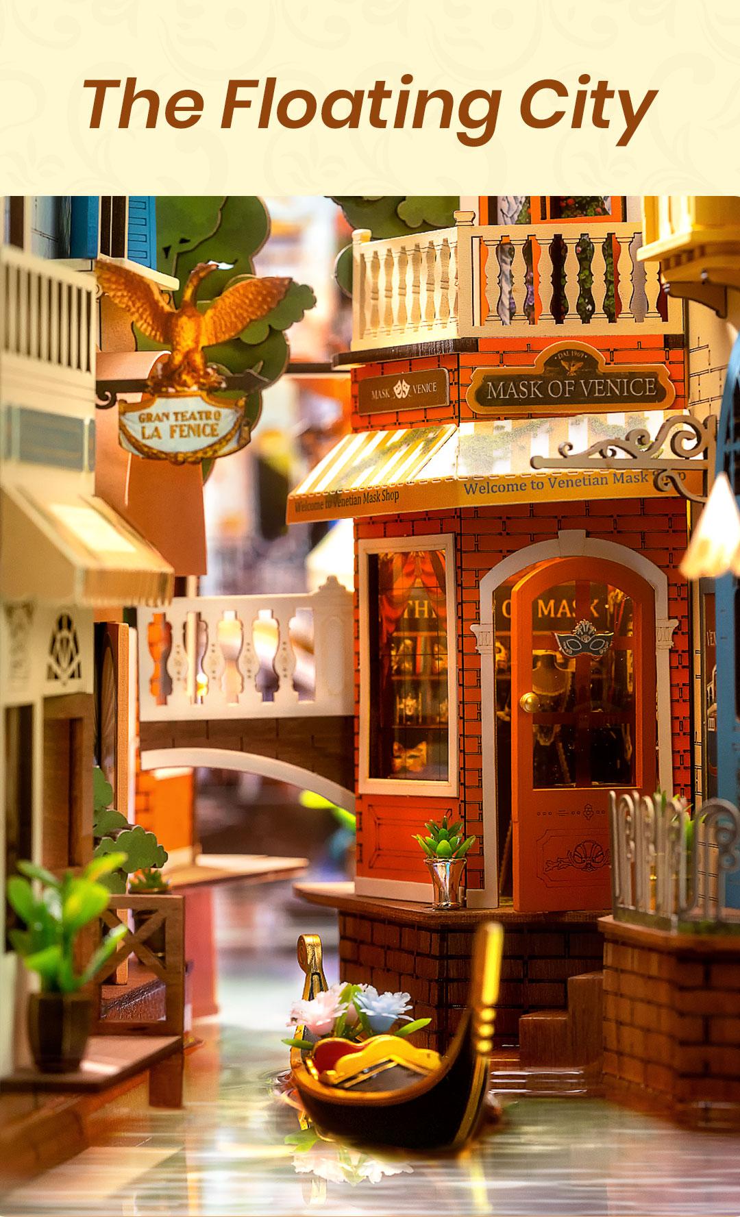 Rolife Romantic Venice DIY Book Nook Shelf Insert Kit TGB08 Book Nook Kit with Dustproof Sheet DIY Miniature House with LED Booknook Bookshelf Insert Decor 3D Wooden Bookend Model Craft Hobby Gift for Teens and Adults