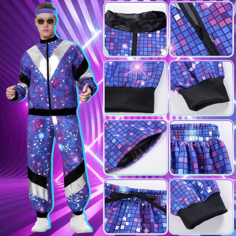80s Tracksuit Men's Disco Costume 80s 90s Outfit Men's with Accessories Retro Jogging Suit Outfit for Men Hip Hop Sportswear Fancy Dress Costumes Theme Party Cosplay Carnival