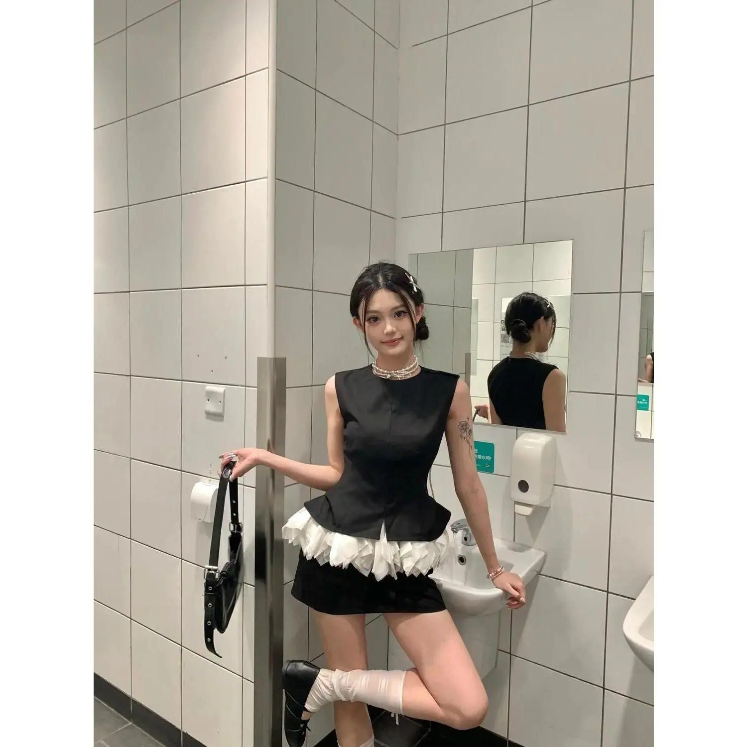 Korean Fashion Elegant Black White Ruffle Trim 2 Piece Set Sleeveless Top High Waist Bodycon Mini Skirt Women Daily Party Wear