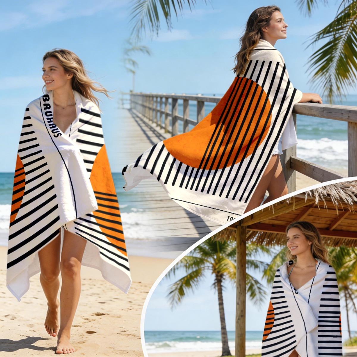 1pc Bauhaus Style Beach Towel with Orange Oval and Black Stripes Soft Lightweight Portable Beach Towel for Couples, Men and Women, Easy to Clean Durable Versatile Machine Washable, Suitable for Beach Yoga Fitness Camping, Ideal Vacation Gift