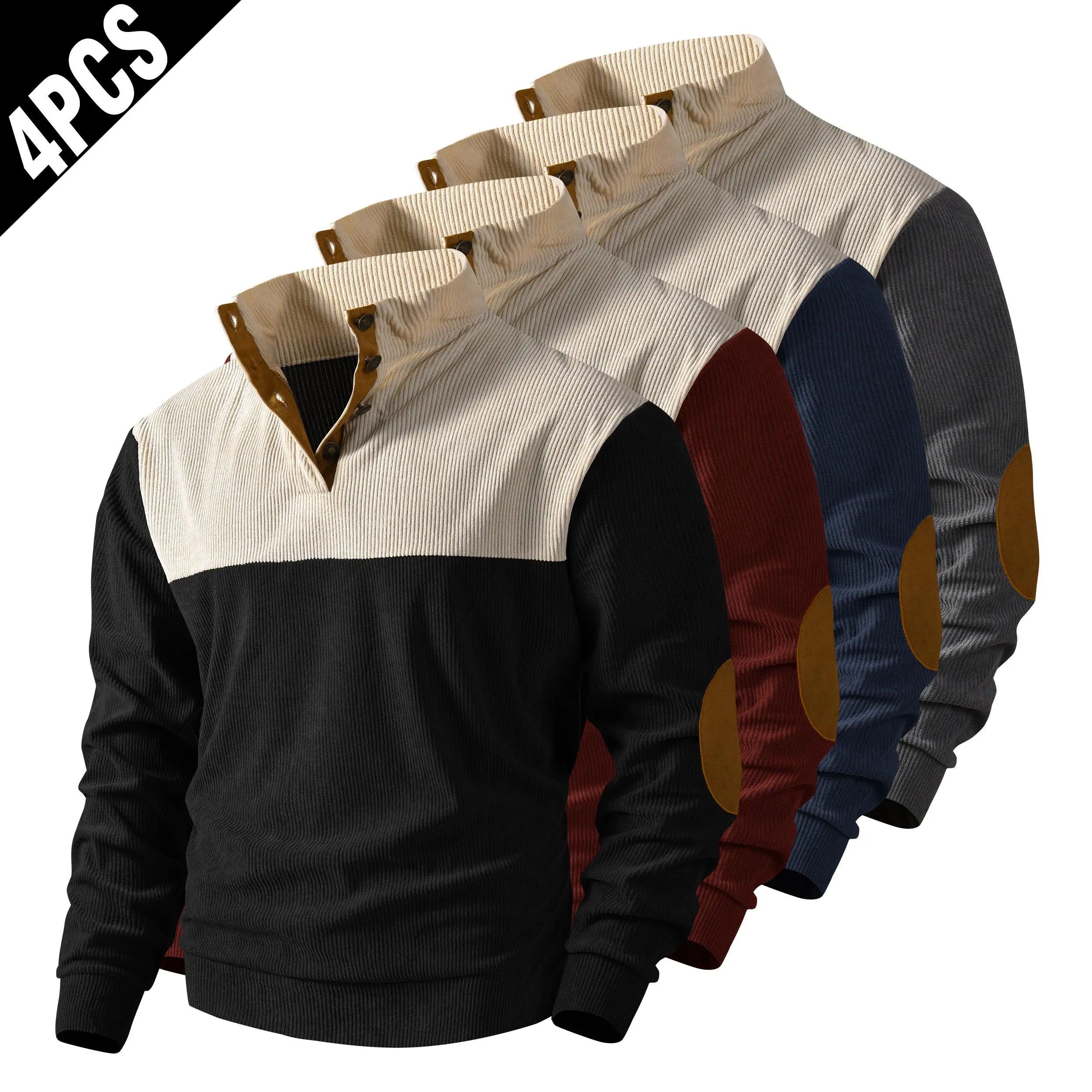 Men's Corduroy Pullover Sweatshirts, 4-Pack Vintage Colorblock Menswear with a Quarter-Button Collar and Faux Suede Elbow Patches, Longsleeves, Full Sleeves