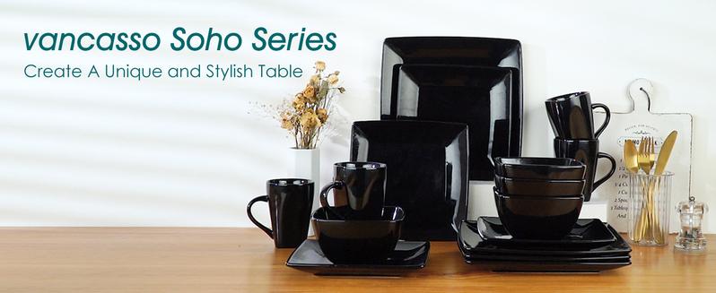 vancasso Soho Stoneware Square Dinner Set, 16 Piece Black/White Dinnerware Service Set, Kitchen Plate Crockery Set with Dinner Plate, Dessert Plate, Bowls and Mug, Service for 4