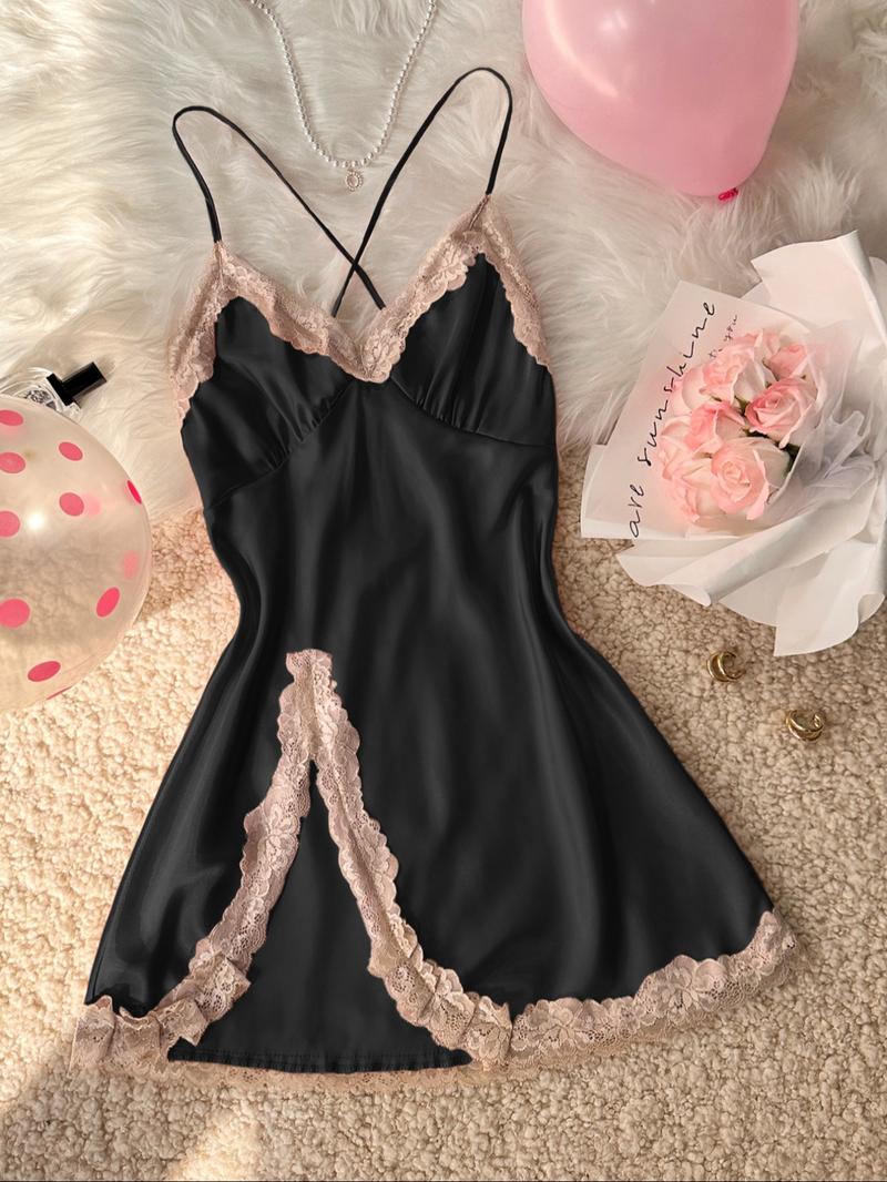 Women's Contrast Lace Split Thigh Satin Cami Nightdress, Bride's Nightgown, Elegant Criss Cross Backless Nightgown, Women's Summer Sleepwear, Summer Outfits 2024, National Day Offers