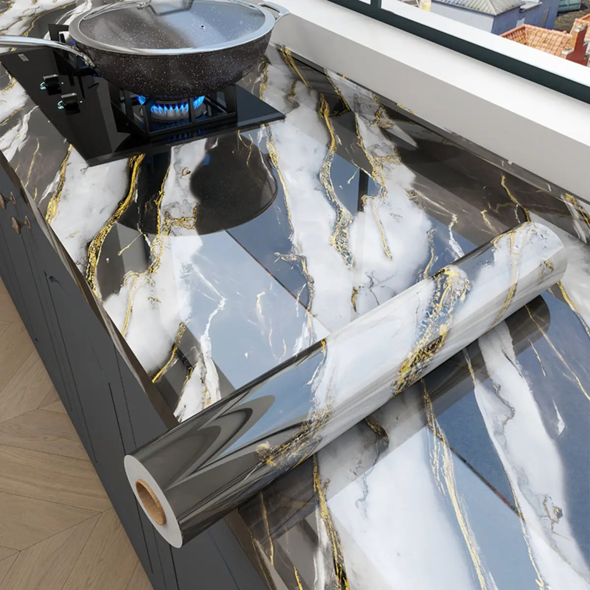 A Roll of Kitchen Oil-proof, High-temperature Resistant, Waterproof, and Self-adhesive Countertop Film. Imitation Marble Wallpaper Is Also A Wipeable Sticker for Cabinet and Countertop Surfaces.