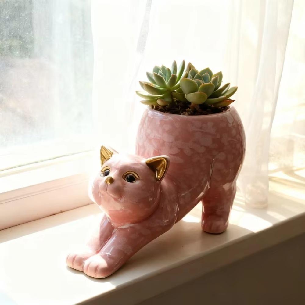 Cute Cat Planter Pot with Drainage Hole Succulent Cactus Planter | Novelty Bonsai Flowerpot, , Cat Vase & Cat Flower, Desk Windowsill Shelf Decor Gift