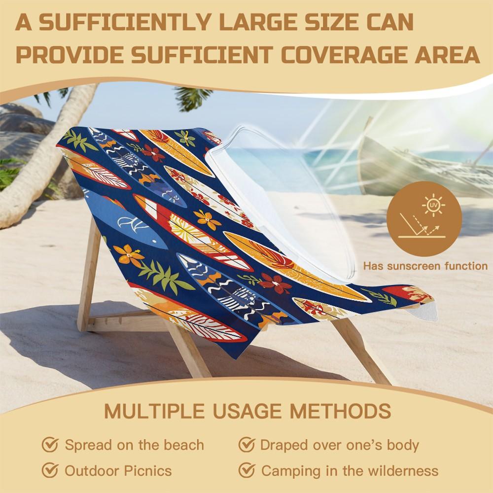 Tropical Surfboard & Floral Print Beach Towel, Oversized Quick Dry Microfiber Bath Towel, Super Absorbent Sand Free Beach Blanket for Summer Vacation, Hawaii Surfing Pool Gift