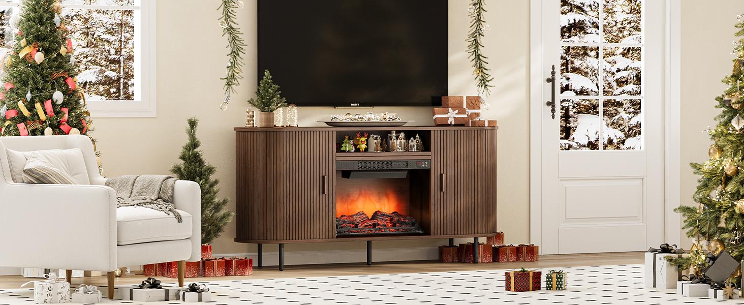 【Include 23" Electric Fireplace】ONBRILL 63"/70" Gorgeous Fluted Fireplace TV Stand for TVs up to 70", Modern Entertainment Center with Power Outlet , TV Media Console with Storage for Living Room, Bedroom Furniture,Christmas Gift