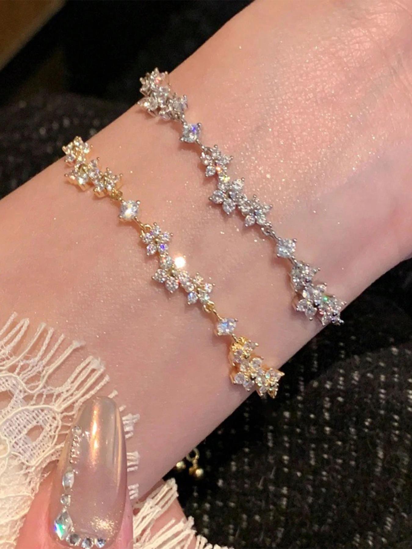 Elegant Adjustable Zircon Flower Bracelet for Women, Casual Style, Perfect for Daily Wear and Holiday Gifts