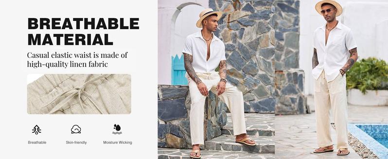 COOFANDY Mens Linen Drawstring Pants Elastic Waist Lightweight Trouser Casual Yoga Summer Beach Pant LIVE
