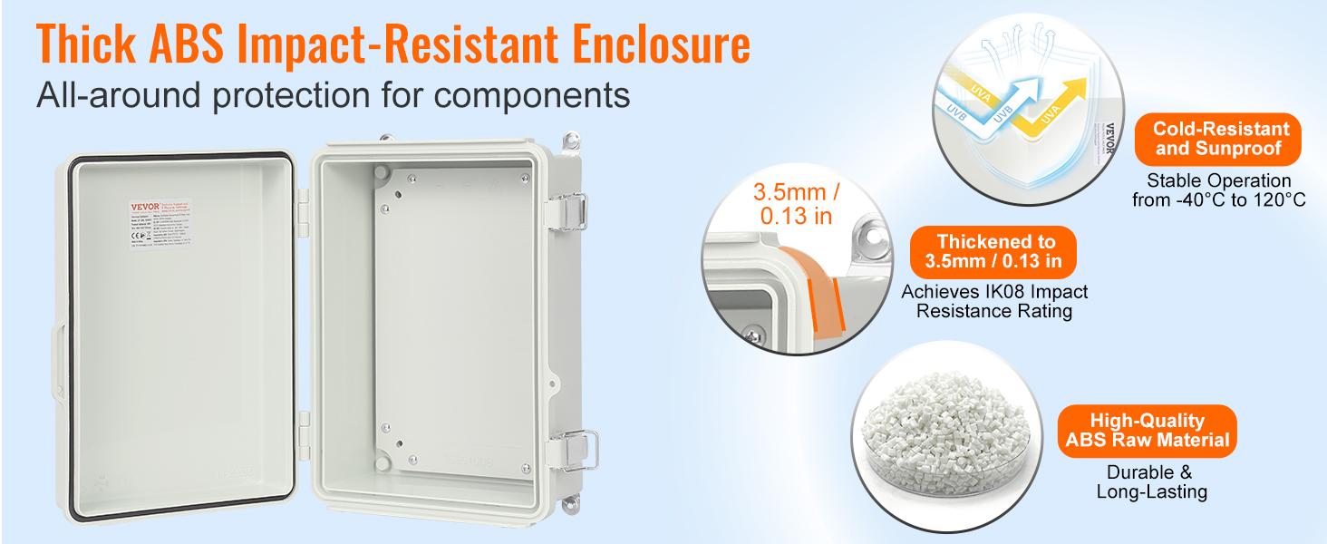 VEVOR Outdoor Electrical Junction Box, 11.81x 7.87x 7.08 in, ABS Plastic Electrical Enclosure Box with Hinged Cover Stainless Steel Latch, IP67 Dustproof Waterproof for Outdoor Electrical Projects