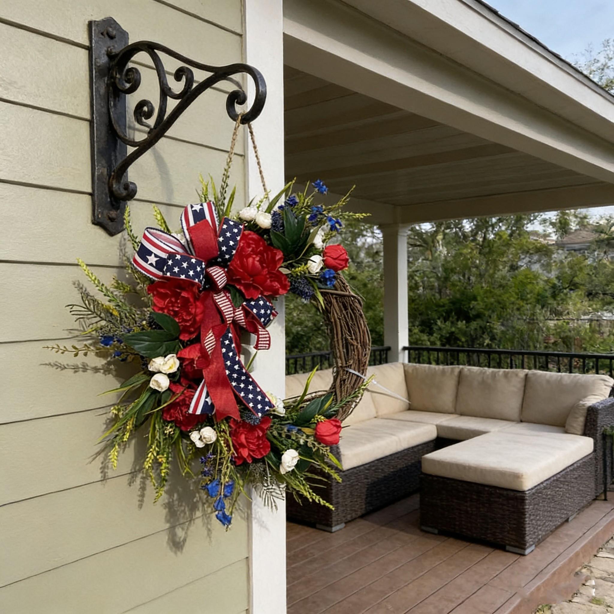 Patriotic July 4th Wreath, Peony and Mixed Flowers with Patriotic Bow, Independence Day Farmhouse Porch Decor, Artificial Floral Arrangement