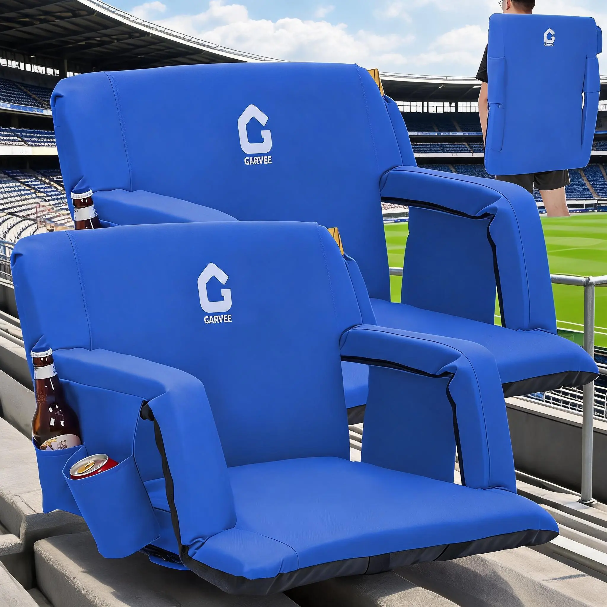 20.5 in Wide Folding Stadium Seats with Reclining Back Support & Armrest, Portable Padded Bleacher Chairs with Cup Holders, Lightweight Cushioned Stadium Chair for Sport Events
